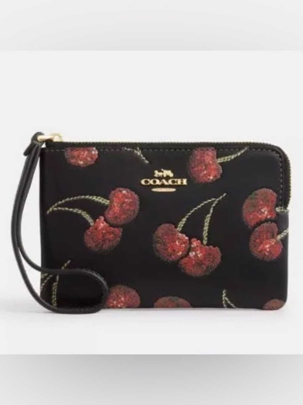 Coach corner zip wristlet cherry black gold hardware NEW